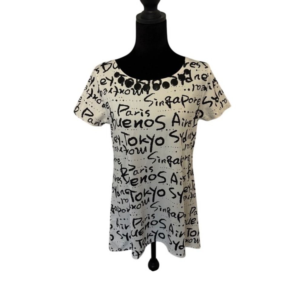 Max & Rina Tunic Dress Women Small White Black Script Print Very Good Y2K Mini